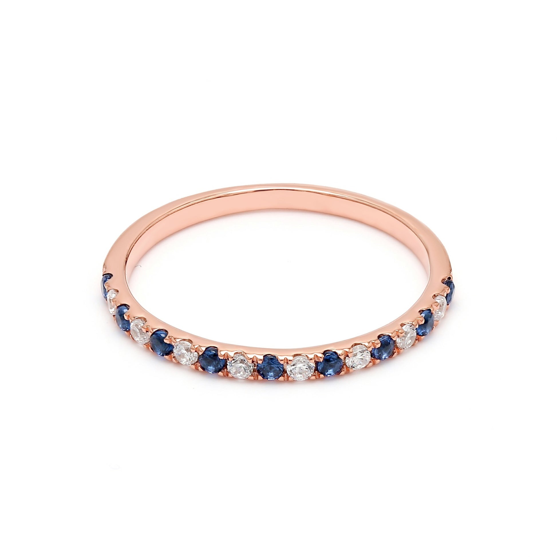 9k Rose Gold Lab Grown Diamond With Blue Sapphire Stone Stackable Ring R54041-0.10CT