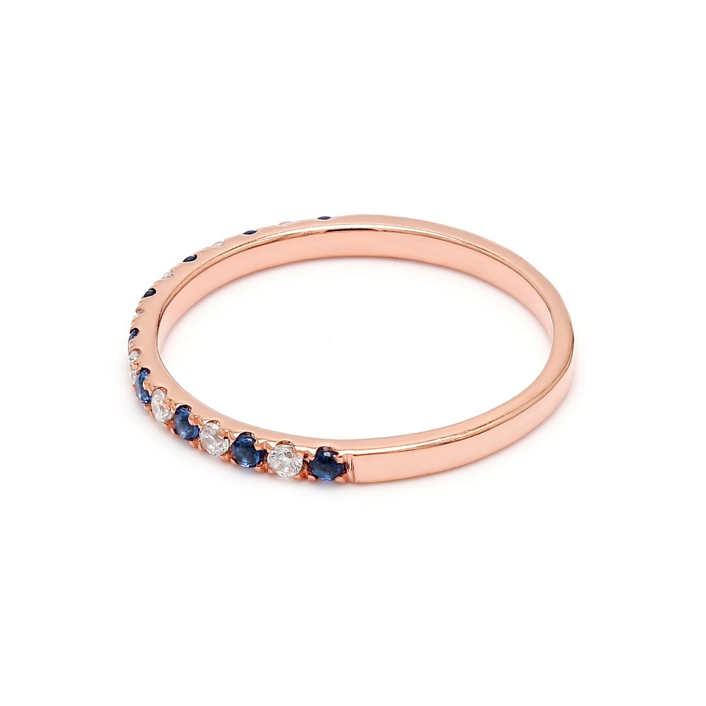 9k Rose Gold Lab Grown Diamond With Blue Sapphire Stone Stackable Ring R54041-0.10CT
