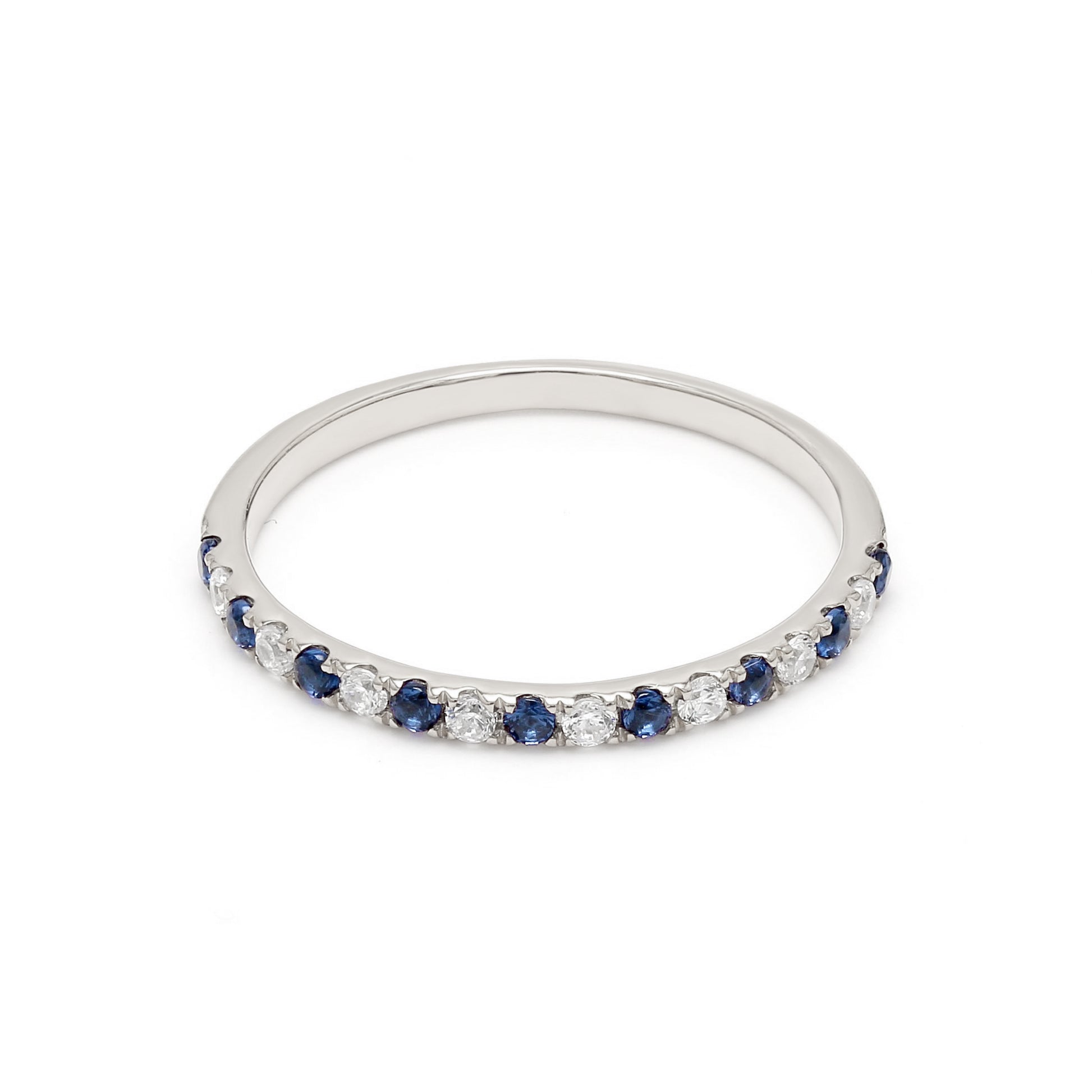 9k White Gold Lab Grown Diamond With Blue Sapphire Stone Stackable Ring R54041-0.10CT