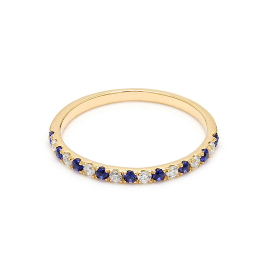 9K Yellow Gold Lab Grown Diamond With Blue Sapphire Stone Stackable Ring R54041-0.10CT